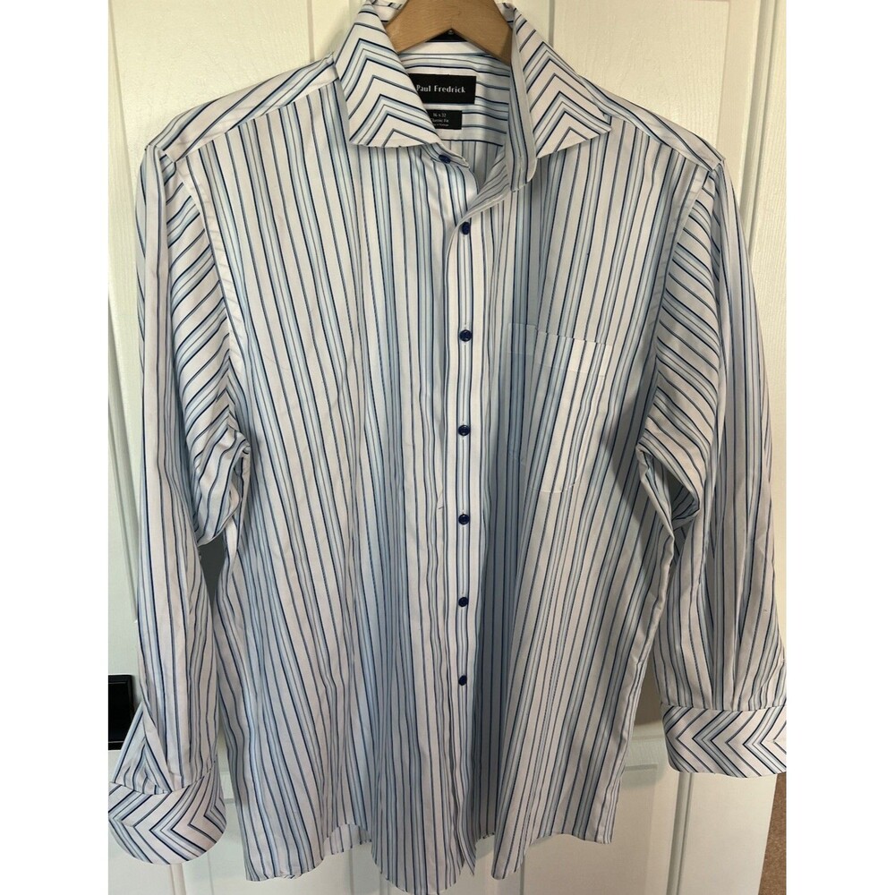 Paul Fredrick Dress Shirt Non-Iron Classic Fit White & Blue Striped 16/32